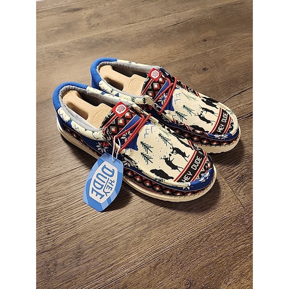 RARE! NEW In Bag Mens Sz 9 Hey Dude Wally Holiday Cheers Blue White Multi Shoes